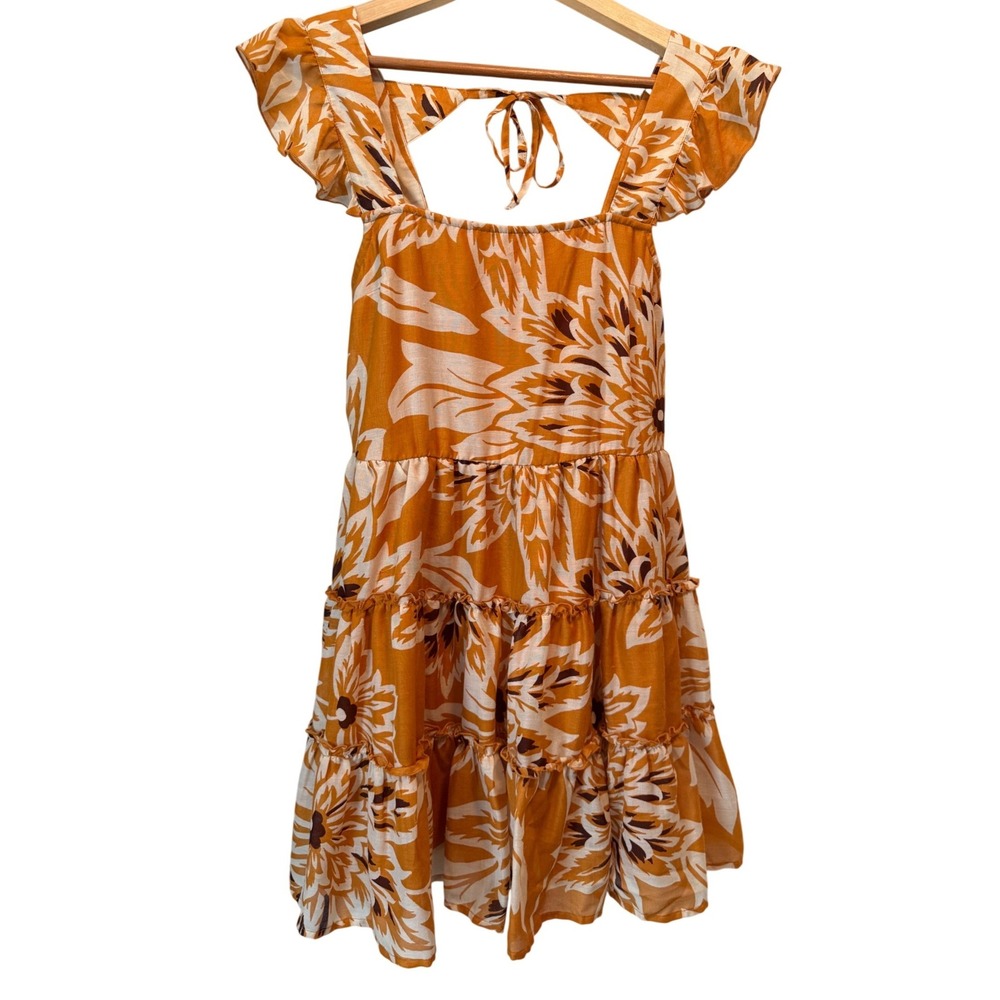 Band of the Free Yellow-Orange Floral Ruffle Tiered Mini Dress Open Back Small